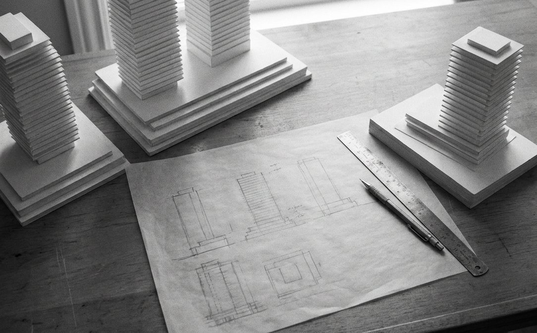 Architectural massing models and sketches on a drafting table